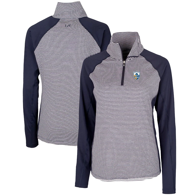 Pull zippé demi-hauteur Cutter & Buck pour femme, bleu marine, logo rétro des Chargers de Los Angeles, rayures ton sur ton, extensible.
