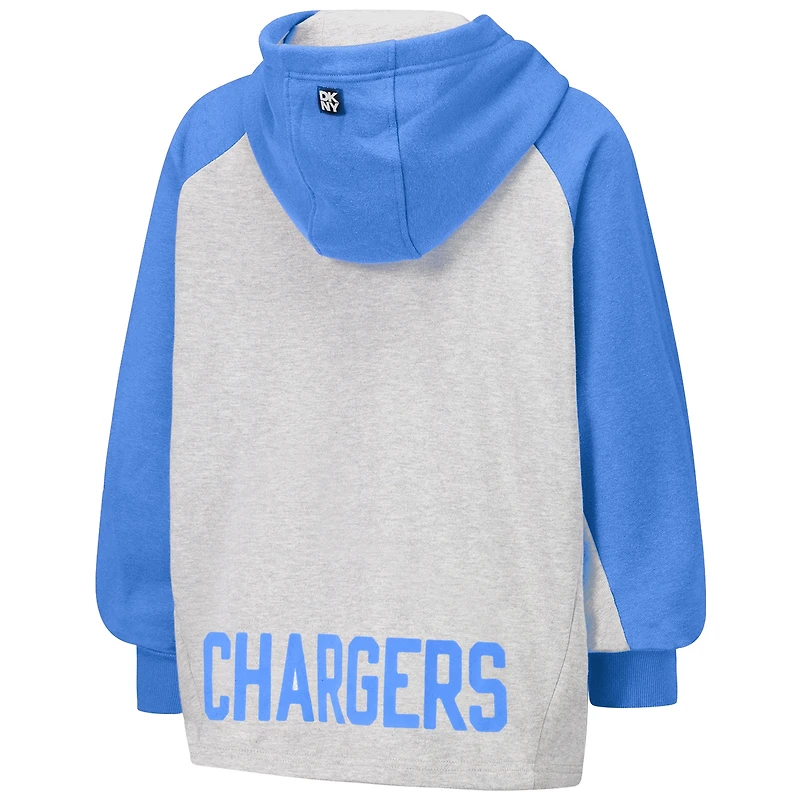 Sweat à capuche court raglan DKNY Sport gris/bleu poudré pour femme des Los Angeles Chargers Joy