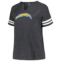Women's Fanatics Heather Charcoal Los Angeles Chargers Plus Logo Notch Neck Raglan Sleeve T-Shirt