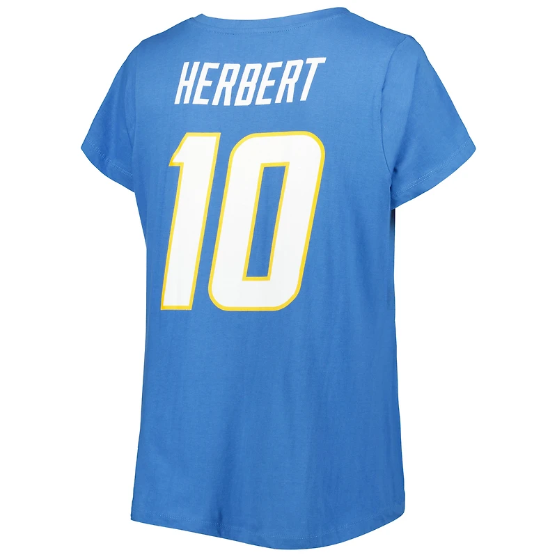 T-shirt à col en V pour femme, grande taille, avec nom et numéro, Justin Herbert, Los Angeles Chargers, bleu poudré, Fanatics.