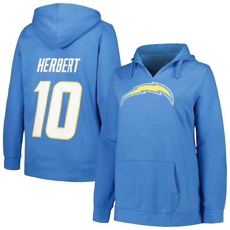Sweat à capuche col V Fanatics Justin Herbert bleu poudré pour femme, Los Angeles Chargers, grandes tailles, nom et numéro du joueur