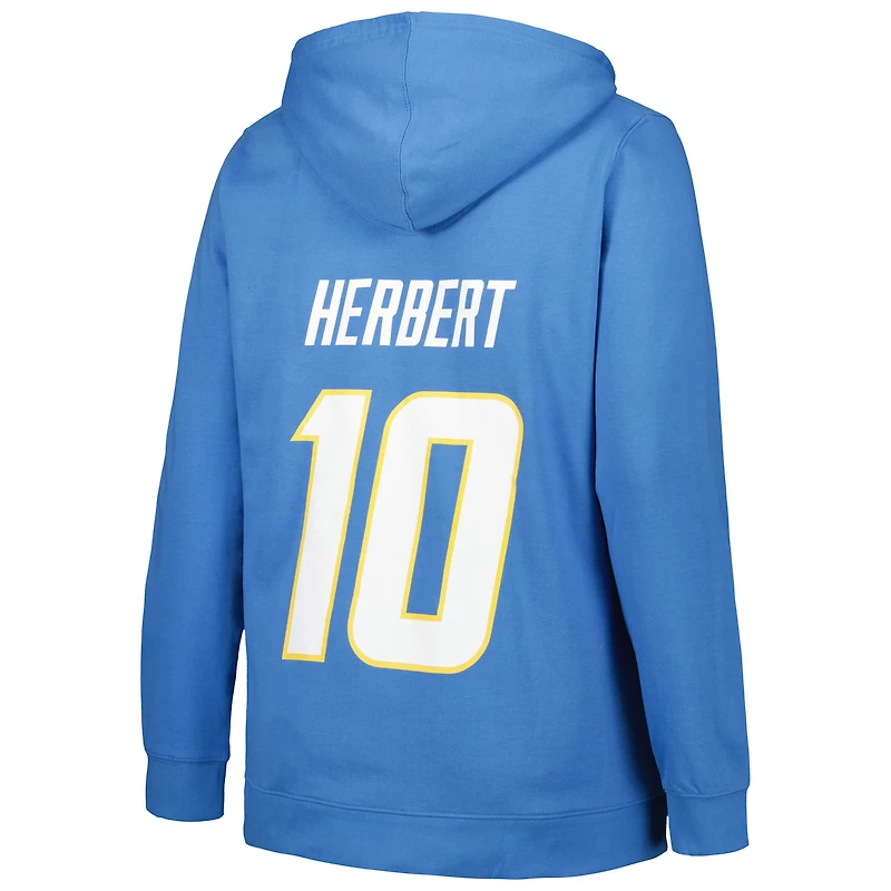 Sweat à capuche col V Fanatics Justin Herbert bleu poudré pour femme, Los Angeles Chargers, grandes tailles, nom et numéro du joueur