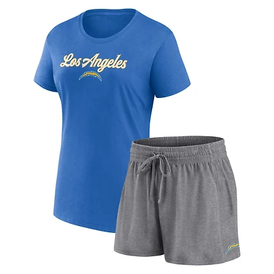 Ensemble détente Fanatics pour femme : t-shirt et short Los Angeles Chargers, bleu poudré/gris anthracite chiné.