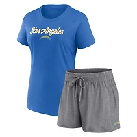 Ensemble détente Fanatics pour femme : t-shirt et short Los Angeles Chargers, bleu poudré/gris anthracite chiné.