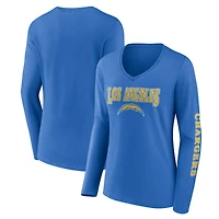 T-shirt à manches longues et col en V Fanatics bleu poudré pour femmes, logo Los Angeles Chargers