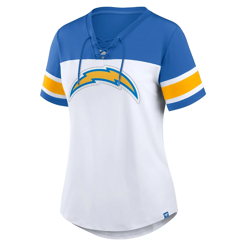 Women's Fanatics White/Powder Blue Los Angeles Chargers Athena Rhinestone Lace-Up V-Neck T-Shirt