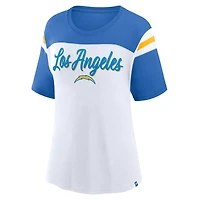 Haut court tendance blanc/bleu poudré pour femme avec motif fanatique des Chargers de Los Angeles