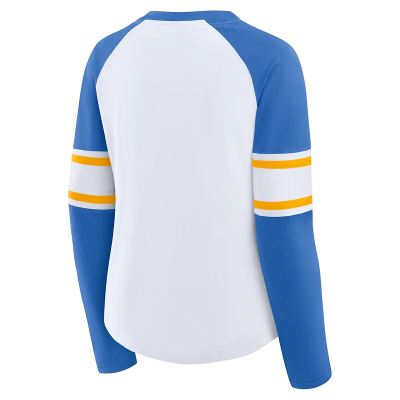 T-shirt à manches longues et col en V lacets raglan pour femme, blanc/bleu poudre, Los Angeles Chargers Redzone Blitz Package
