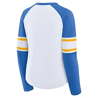 T-shirt à manches longues et col en V lacets raglan pour femme, blanc/bleu poudre, Los Angeles Chargers Redzone Blitz Package