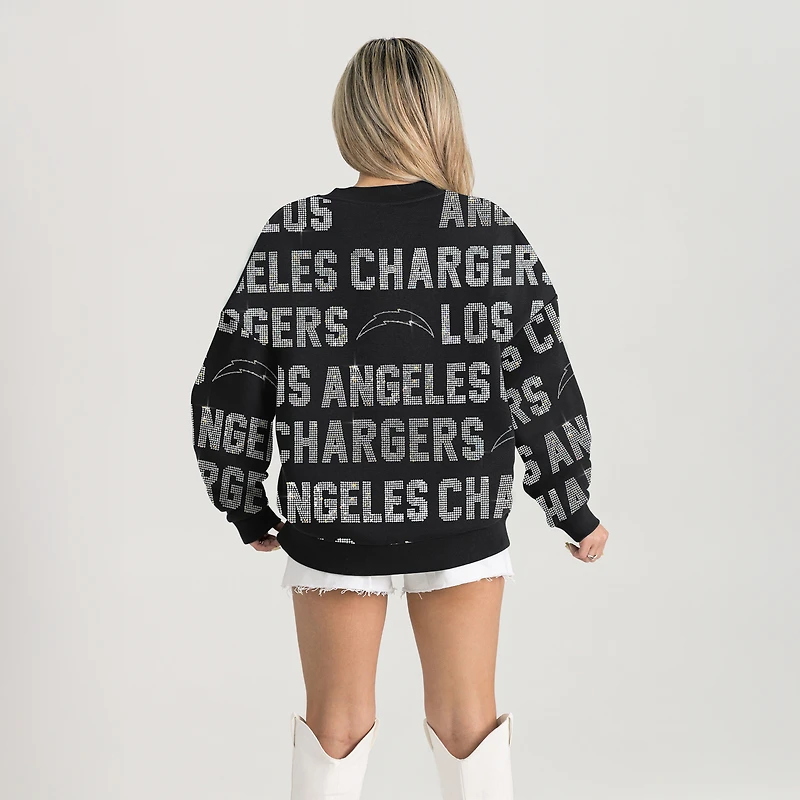 Sweat-shirt noir décontracté à épaules tombantes Gameday Couture pour femme, motif Los Angeles Chargers, avec texte en strass Hype Era