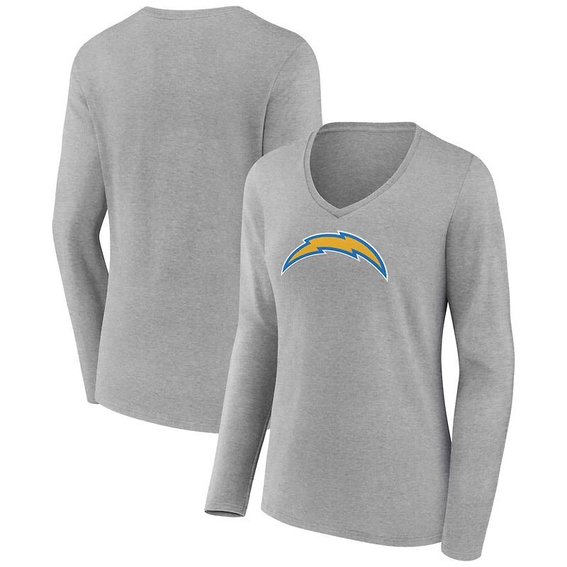 Women's Gray Los Angeles Chargers Primary Logo Long Sleeve V-Neck T-Shirt