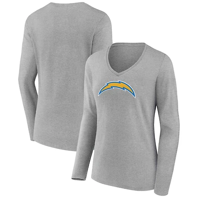 Women's  Gray Los Angeles Chargers Primary Logo Long Sleeve V-Neck T-Shirt