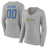 Women's Gray Los Angeles Chargers Team Authentic Personalized Name & Number Long Sleeve V-Neck T-Shirt