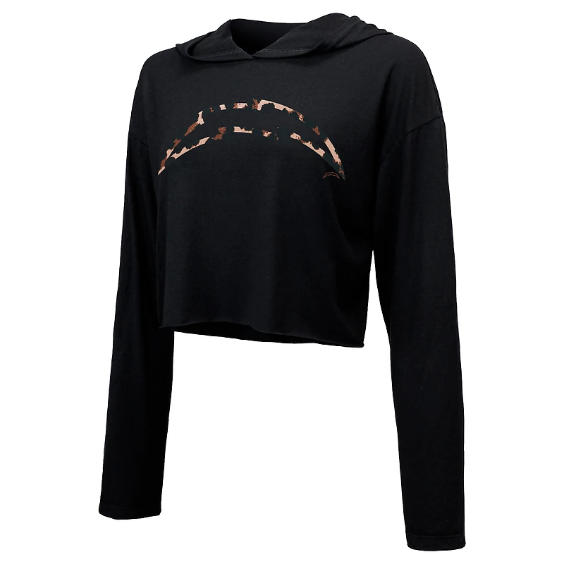 Majestic Threads pour femmes Justin Herbert Noir Los Angeles Chargers Léopard Nom et numéro du joueur Sweat à capuche court manches longues