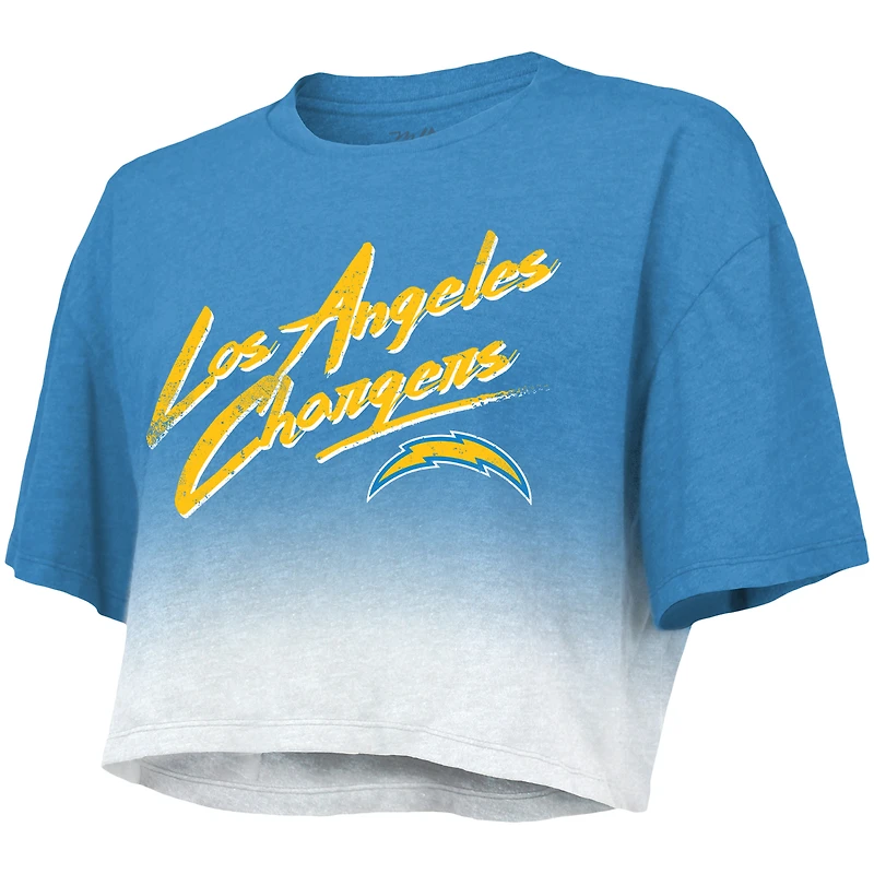 Haut court pour femmes Majestic Threads Justin Herbert bleu poudre/blanc Los Angeles Chargers Dip-Dye Nom et numéro du joueur