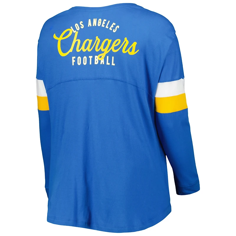 T-shirt à manches longues New Era bleu poudré pour femme, Los Angeles Chargers, grande taille, style universitaire, lacets, col en V.