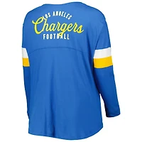 T-shirt à manches longues New Era bleu poudré pour femme, Los Angeles Chargers, grande taille, style universitaire, lacets, col en V.