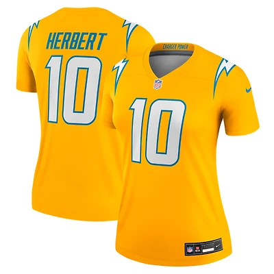 Haut Nike Justin Herbert Gold pour femme, joueur de performance Alternate Charger Power Legend des Los Angeles Chargers