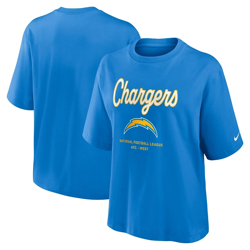 T-shirt Nike bleu poudre Los Angeles Chargers Essential Script pour femme, coupe décontractée et ample