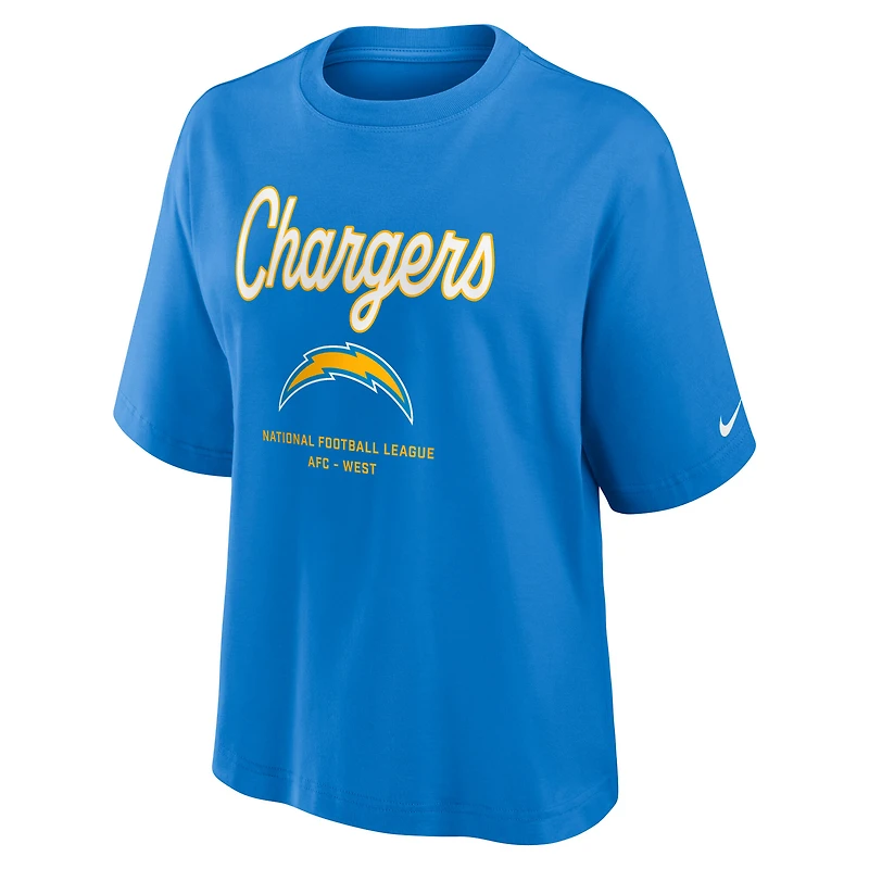 T-shirt Nike bleu poudre Los Angeles Chargers Essential Script pour femme, coupe décontractée et ample