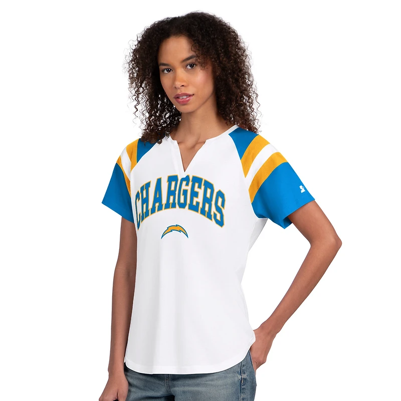 T-shirt à col cranté blanc Starter pour femmes, Los Angeles Chargers Game On