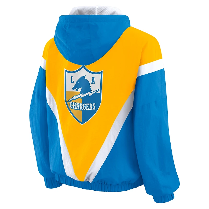 Sweat-shirt coupe-vent à capuche zippé rétro froissé or/bleu poudre des Los Angeles Chargers pour femme par Erin Andrews