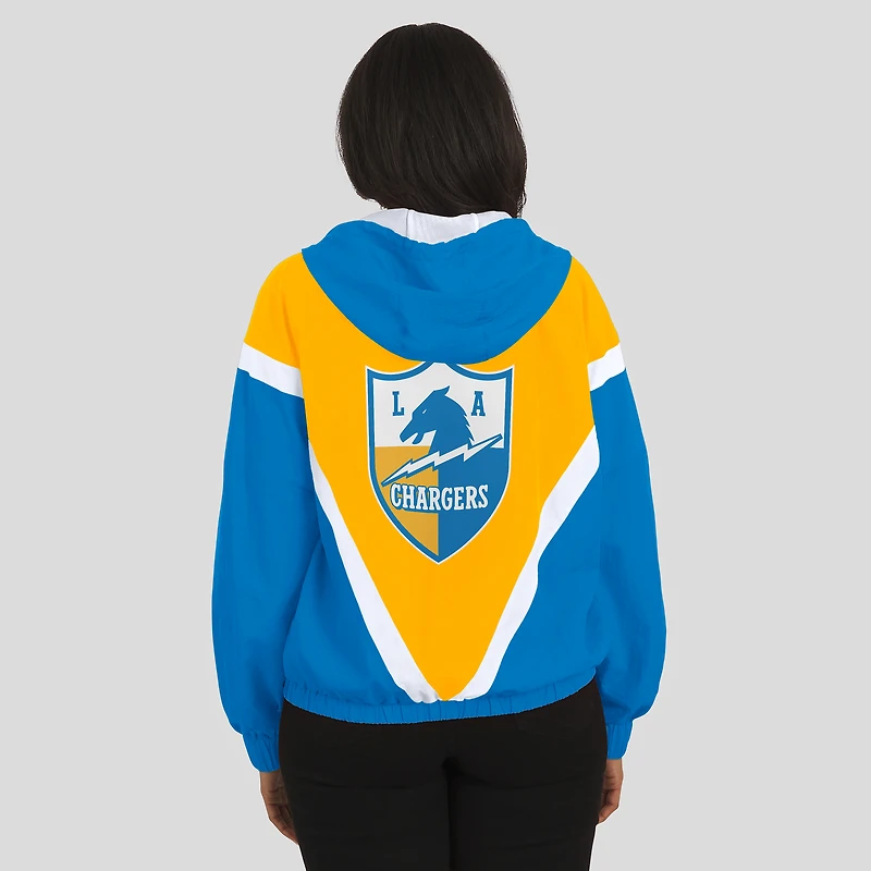 Sweat-shirt coupe-vent à capuche zippé rétro froissé or/bleu poudre des Los Angeles Chargers pour femme par Erin Andrews