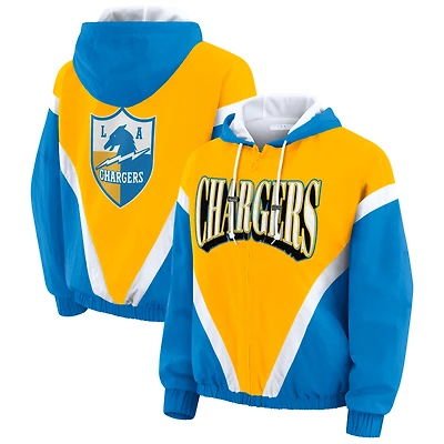 Sweat-shirt coupe-vent à capuche zippé rétro froissé or/bleu poudre des Los Angeles Chargers pour femme par Erin Andrews