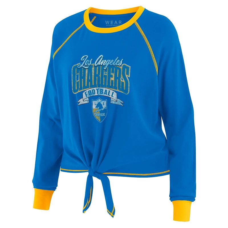 Women's WEAR by Erin Andrews Powder Blue/Gold Los Angeles Chargers Plus Tie-Front Long Sleeve Top