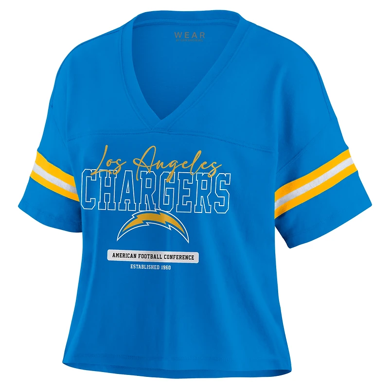 Women's WEAR by Erin Andrews Powder Blue Los Angeles Chargers Color Block Boxy Modest Crop V-Neck T-Shirt