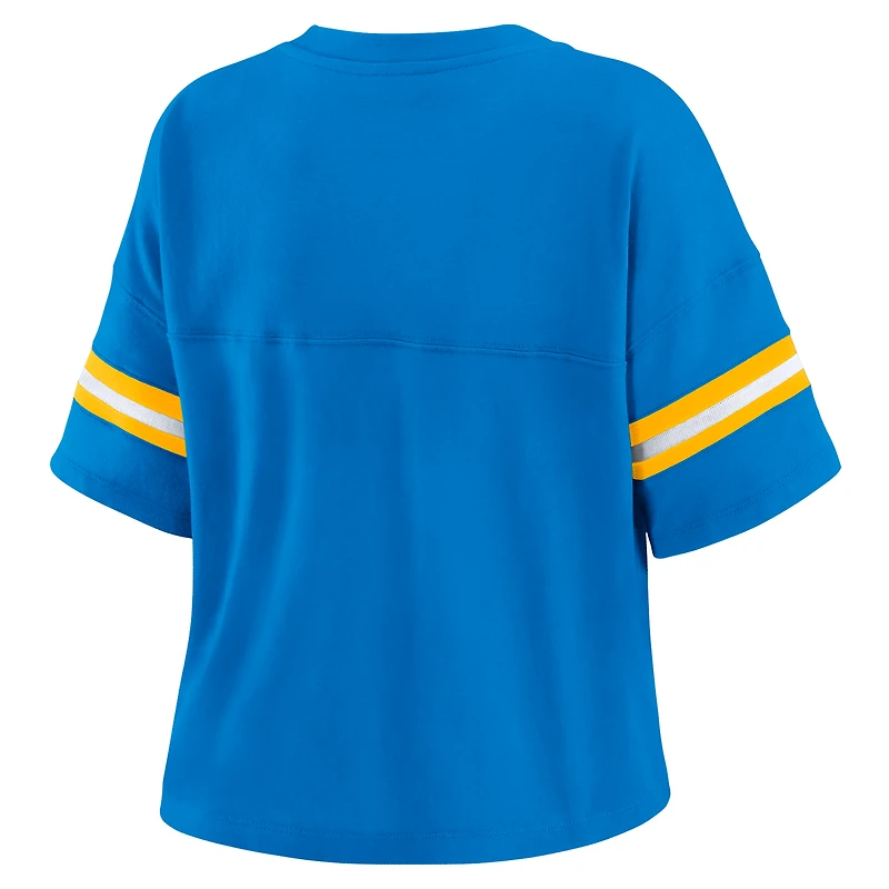 Women's WEAR by Erin Andrews Powder Blue Los Angeles Chargers Color Block Boxy Modest Crop V-Neck T-Shirt