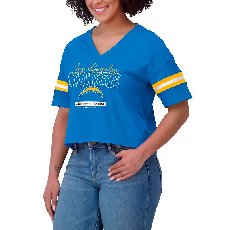 Women's WEAR by Erin Andrews Powder Blue Los Angeles Chargers Color Block Boxy Modest Crop V-Neck T-Shirt