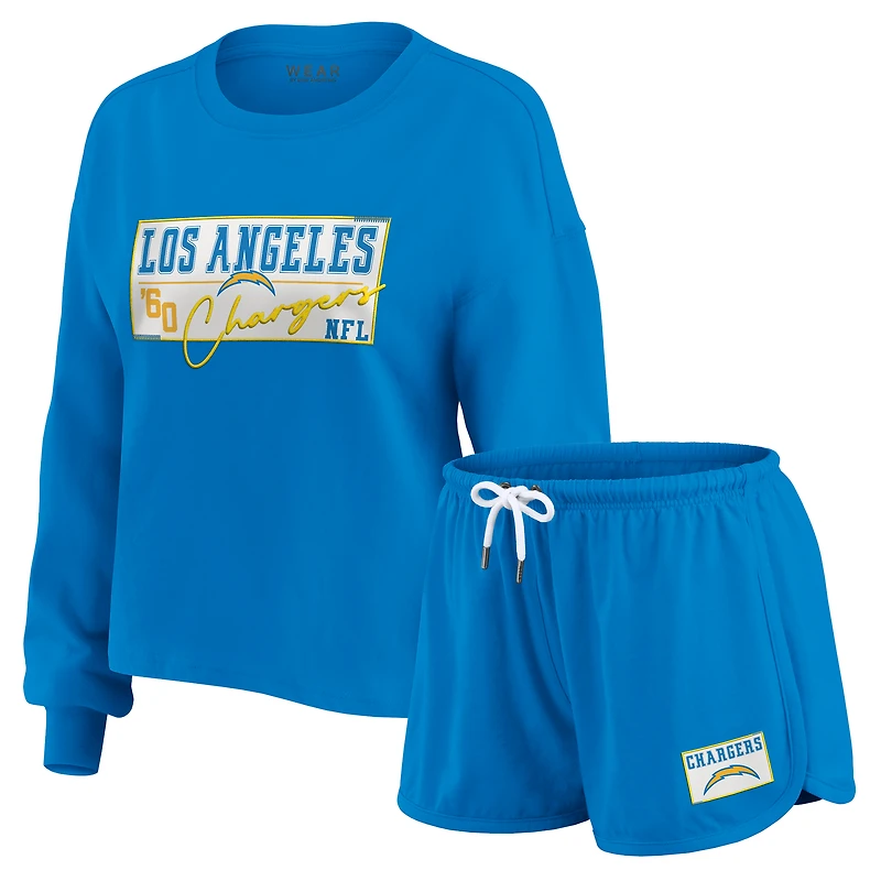 Ensemble de détente pour femme WEAR by Erin Andrews, t-shirt à manches longues et short en jersey rugby épais bleu poudre des Chargers Los Angeles