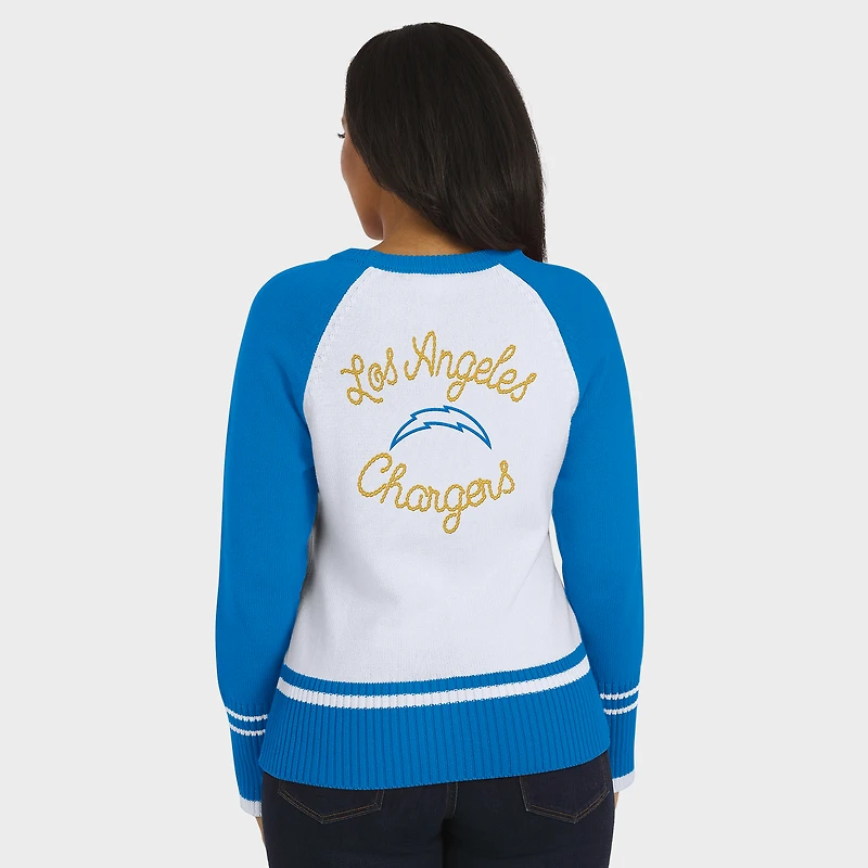 Women's WEAR by Erin Andrews White/Powder Blue Los Angeles Chargers Colorblock Raglan Sweater