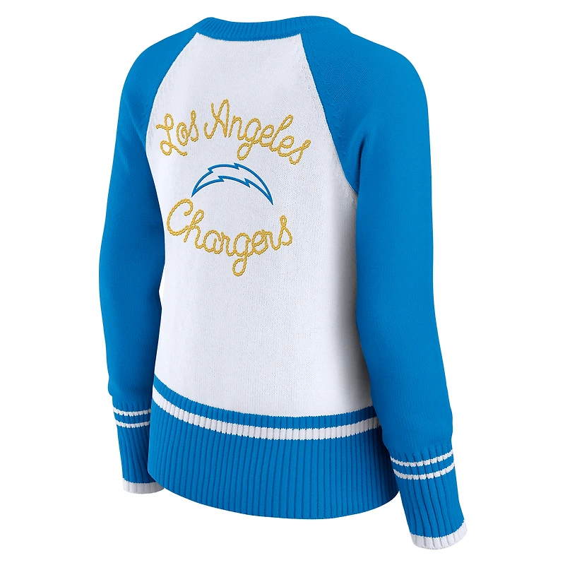 Women's WEAR by Erin Andrews White/Powder Blue Los Angeles Chargers Colorblock Raglan Sweater