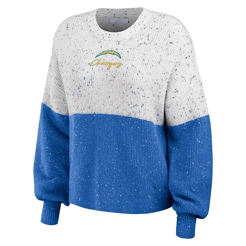 Women's WEAR by Erin Andrews  White/Powder Blue Los Angeles Chargers Lighweight Modest Crop Color-Block Pullover Sweater