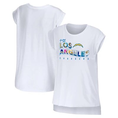 Women's WEAR by Erin Andrews White Los Angeles Chargers Greetings From Muscle T-Shirt