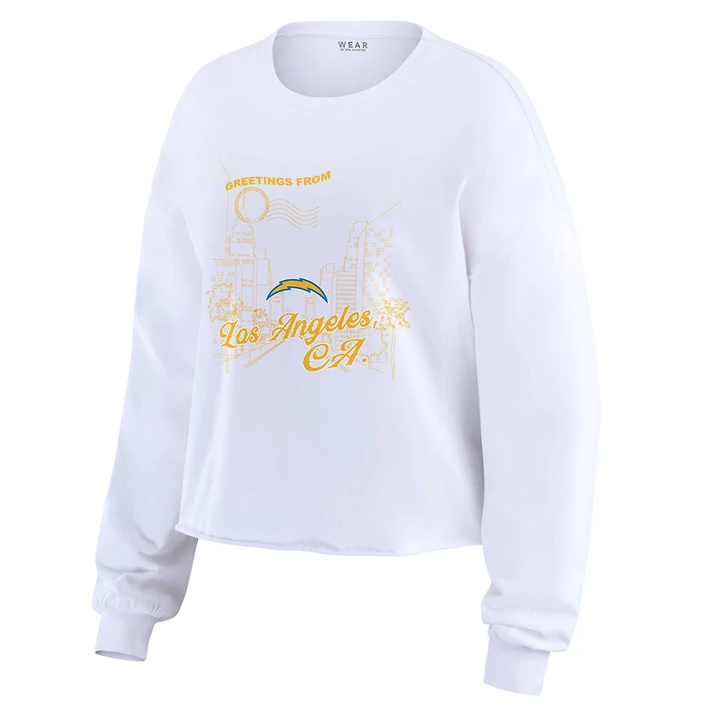 Women's WEAR by Erin Andrews White Los Angeles Chargers Postcard Cropped Long Sleeve Top