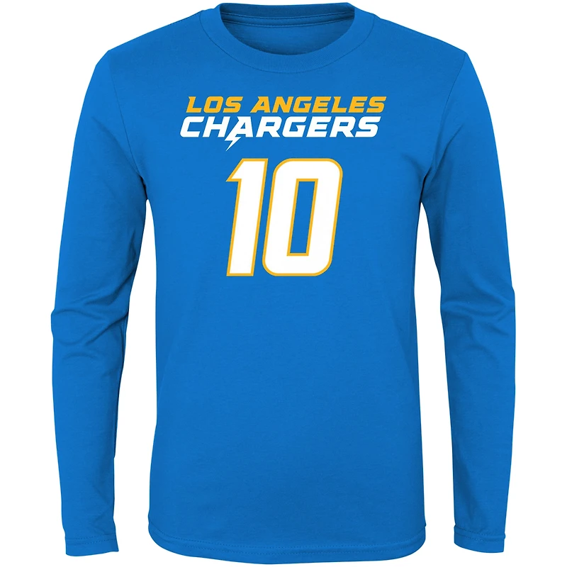 T-shirt à manches longues pour jeune Justin Herbert Powder Blue Los Angeles Chargers Mainliner Player Name & Number