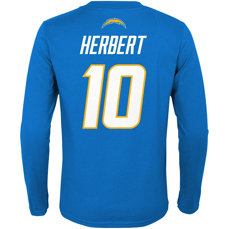 T-shirt à manches longues pour jeune Justin Herbert Powder Blue Los Angeles Chargers Mainliner Player Name & Number