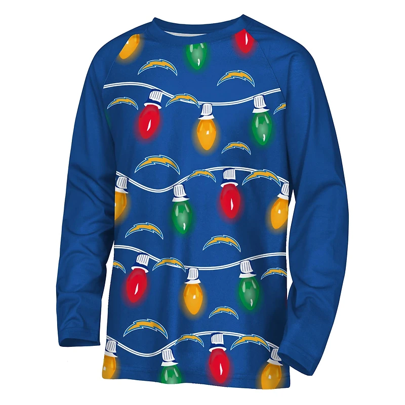 Youth Los Angeles Chargers Two-Piece Garland Holiday Long Sleeve Pajama Set