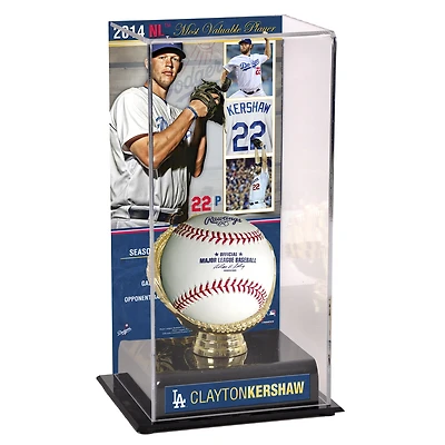 Vitrine de présentation des gants dorés Clayton Kershaw des Los Angeles Dodgers, MVP de la Ligue nationale 2014, avec image