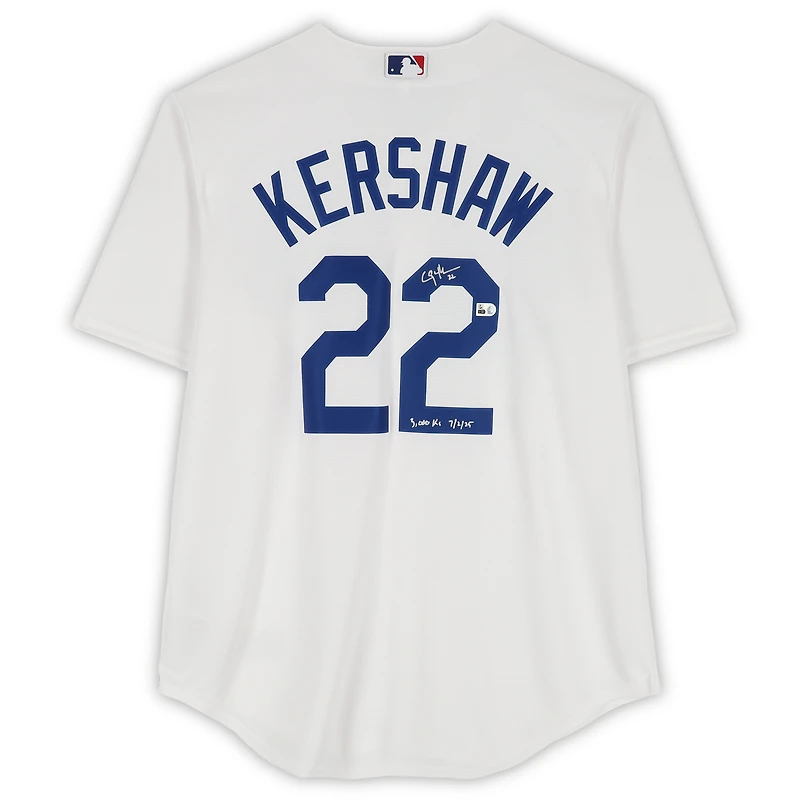 Clayton Kershaw Los Angeles Dodgers Autographed White Nike Replica Jersey with "3000th K 7/2/25" Inscription 