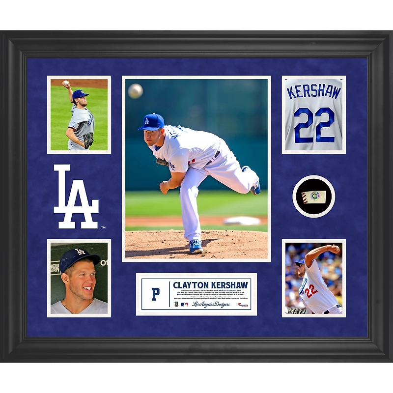 Collage encadré de 5 photos des Dodgers de Los Angeles de Clayton Kershaw avec un morceau de ballon utilisé lors du match