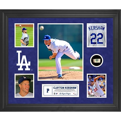 Collage encadré de 5 photos des Dodgers de Los Angeles de Clayton Kershaw avec un morceau de ballon utilisé lors du match
