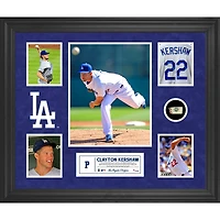 Collage encadré de 5 photos des Dodgers de Los Angeles de Clayton Kershaw avec un morceau de ballon utilisé lors du match