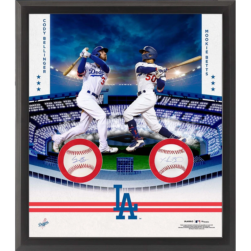 Collage de deux balles de baseball encadrées signées par Cody Bellinger et Mookie Betts des Dodgers de Los Angeles
