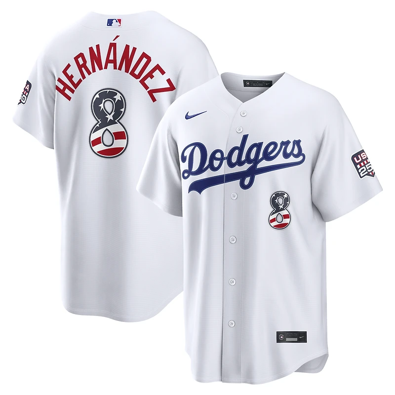 Maillot Nike blanc USA 250 Stadium des Dodgers de Los Angeles, Enrique Hernández, pour la fête nationale américaine (4 juillet).