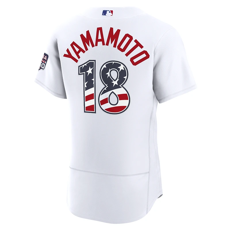 Maillot authentique Nike blanc USA 250 des Dodgers de Los Angeles pour homme, édition spéciale 4 juillet, Yoshinobu Yamamoto