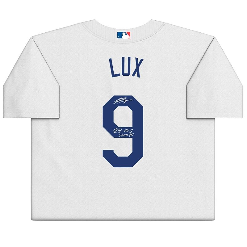 Maillot Nike blanc dédicacé par Gavin Lux des Dodgers de Los Angeles avec inscription « 24 WS Champs »